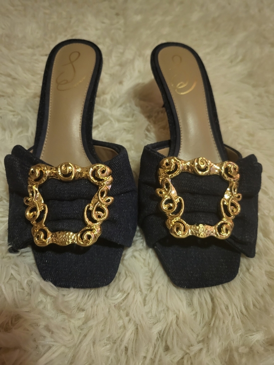 Sam Edelman Shoes - Womens Blue Slip-On Mules with Gold Decorative Buckle